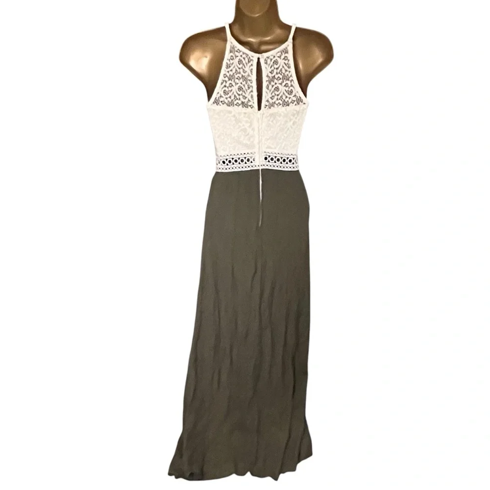 IZ Byer Lace Bodice Maxi Dress Keyhole Front Olive XS Juniors